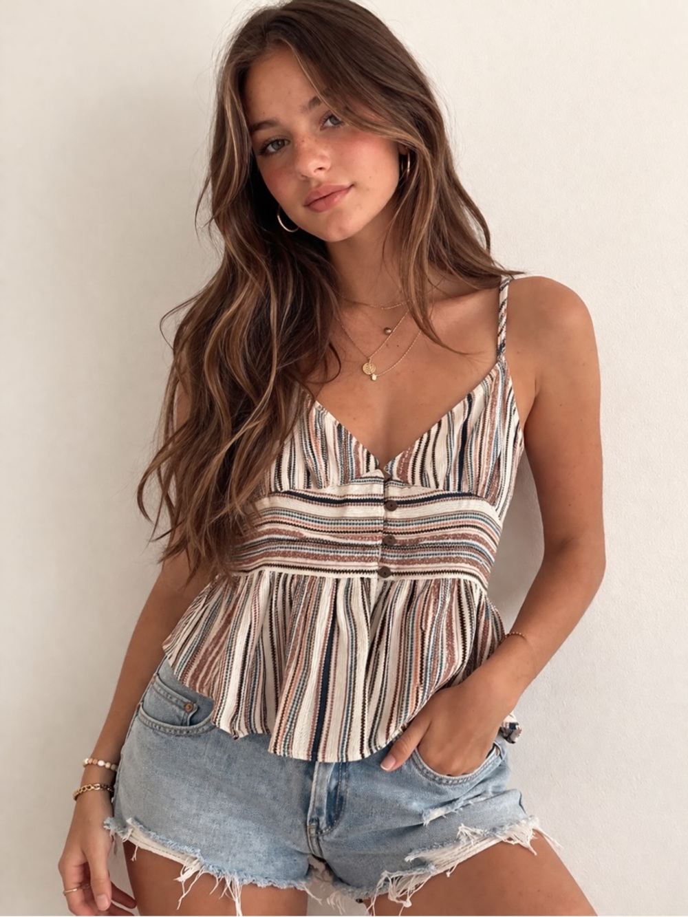 Be Cool Boho Stripe Tank Medium Button Front Empire Waist Festival Top